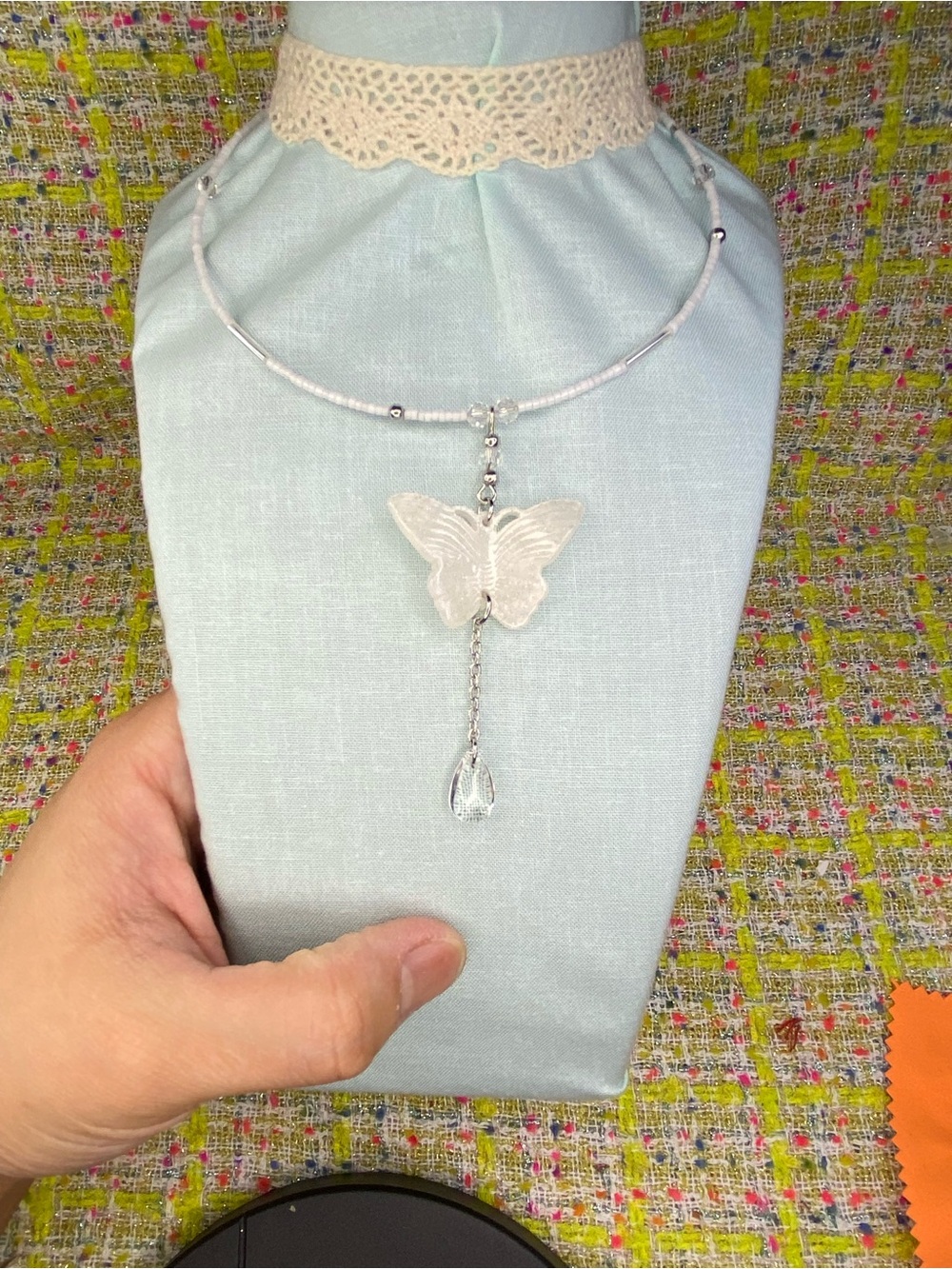 Butterfly Drop Pendant Necklace in White